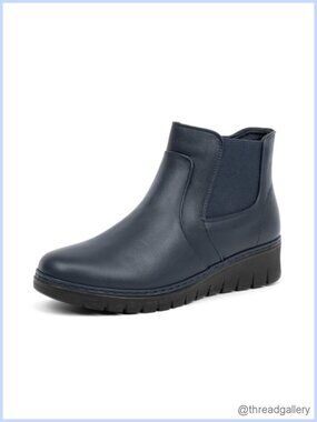 Faux Leather Chelsea Ankle Boots Round Toe Lightweight Wedge Pull-On